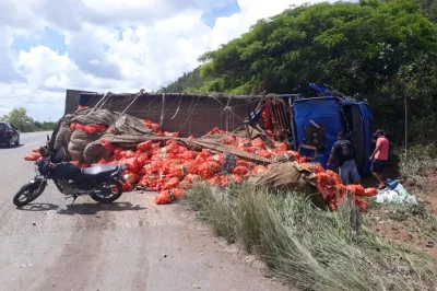 Caminhão tomba e tem parte da carga saqueada na BR-101 em Alagoinhas