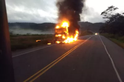 Alagoinhas: Caminhão com carga de iogurte pega fogo na BR-101