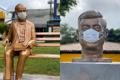 Alagoinhas: estátuas e monumentos históricos alertam para a importância do uso de máscaras no enfrentamento ao coronavírus