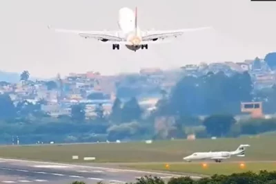 Vídeo registra momento em que avião arremete para evitar acidente