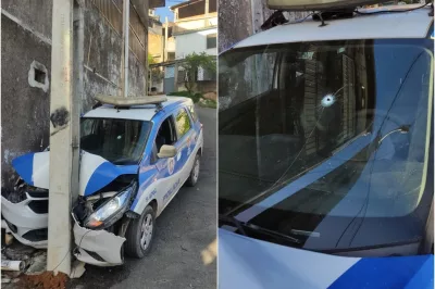 Viatura da PM é alvejada e acaba batendo em poste durante abordagem a motociclista