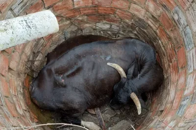Alagoinhas: Vaca prenha cai em fossa de mais de três metros e é resgatada por bombeiros