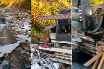 Motorista perde controle e carreta carregada de mármore capota na BR-101