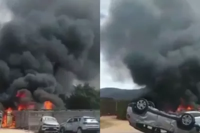 Carreta cegonha tomba e pega fogo na rodovia BR-116