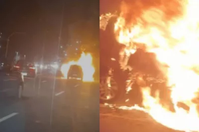 Carro pega fogo em viaduto do Dique do Tororó em Salvador