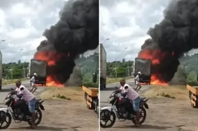 Caminhão que transportava produtos do Mercado Livre pega fogo na BR-116
