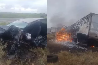 Caminhão baú pega fogo após colisão com carro na BR-324