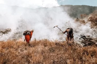 Bombeiros militares controlam incêndio florestal na área de proteção ambiental na Serra do Barbado