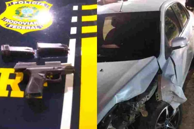 Motorista foge de abordagem, faz manobras arriscadas, bate em poste e acaba preso pela PRF por porte ilegal de arma de fogo