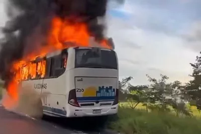 Ônibus da viação Cidade Alagoinhas pega fogo na BR-110, em Catu
