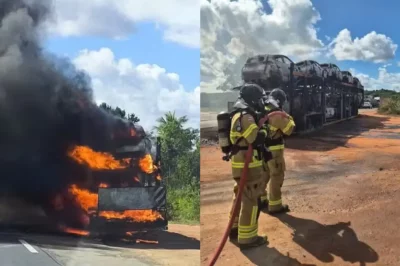 Caminhão-cegonha com carros elétricos pega fogo em Alagoinhas e interdita rodovia