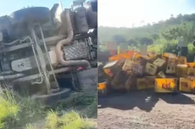 Caminhão carregado de cerveja é saqueado após tombar na BR-101, próximo a Alagoinhas